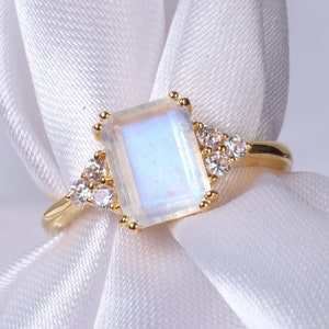 Emerald Cut Moonstone Ring, Moonstone Engagement Ring, Moonstone Halo Wedding Ring, Vintage Ring, Gold Moonstone Ring, Anniversary Gift