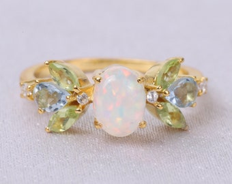 Fire Opal Cluster Ring, Marquise Peridot Aquamarine Gemstones, 14K Yellow Gold Engagement Ring, Art Deco Jewelry, Anniversary Gift For Women