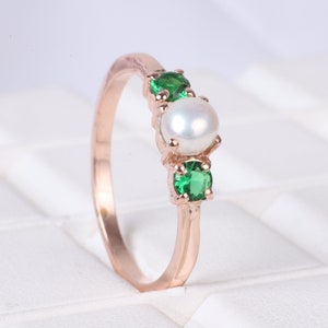 14K Rose Gold Freshwater Pearl Ring Emerald Engagement Ring Handmade Women Jewelry Three Gemstone Bridal Ring Delicate Birthday Gift For Her