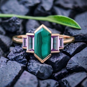 Green Malachite Ring, Unique Rose Gold Ring, Hexagon Cut Engagement Ring, Vintage Bridal Baguette Cut Ring, Wedding Anniversary Ring