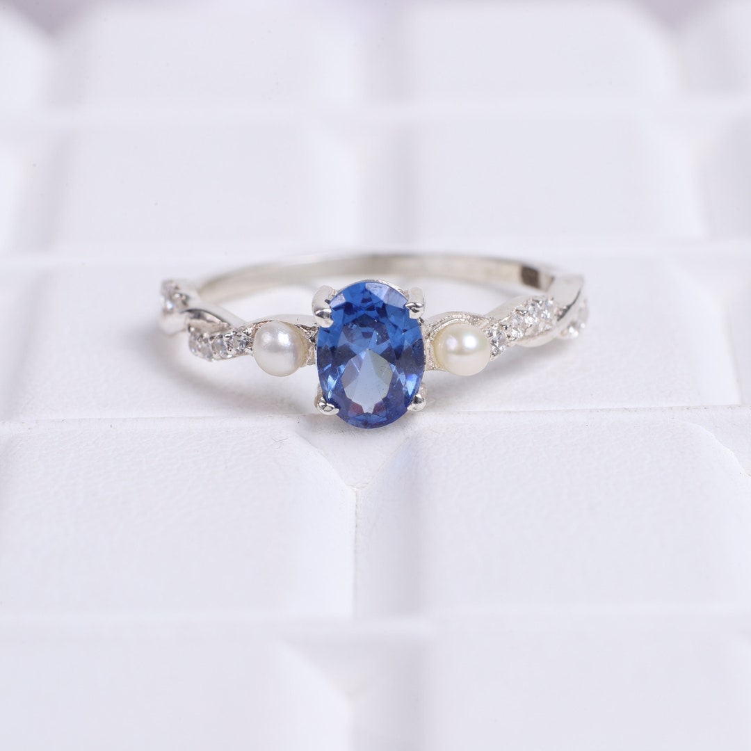 Blue Sapphire Akoya Pearl Ring, 925 Sterling Silver Engagement Ring ...