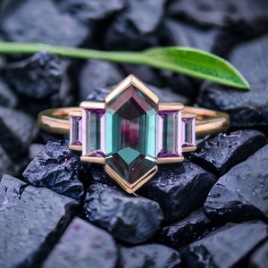 Alexandrite Ring, Unique Rose Gold Ring, Hexagon Cut Engagement Ring, Vintage Bridal Baguette Cut Ring, Wedding Anniversary Ring