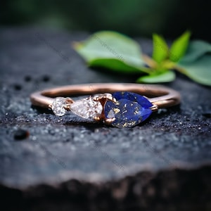 Vintage Lapis lazuli Ring,  Women Bridal Promise Ring, 3 Stone Unique Rose Gold Jewelry, Art Deco Moissanite Wedding Band, Pear Cut Jewelry