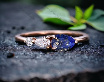 Vintage Lapis lazuli Ring,  Women Bridal Promise Ring, 3 Stone Unique Rose Gold Jewelry, Art Deco Moissanite Wedding Band, Pear Cut Jewelry