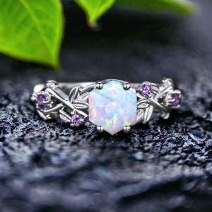 Twig Opal Ring October Birthstone Ring White Gold Leaf Amethyst Ring Women Anniversary Ring Vintage Hexagon Cut White Opal Engagement Ring