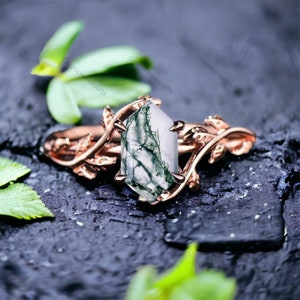 Moss Agate Ring, Nature Inspired Ring, Branches Leaf Twig Ring, 925 Sterling Silver Promise Ring, Hexagon Cut Moss Agate Engagement Ring