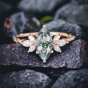 Marquise Cut Moss Agate Engagement Ring, Nature Inspired Cluster Ring, Unique Promise Ring For Her, Green Agate Bridal Ring, Birthday Gift