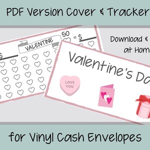 May include: Printable Valentine's Day cash envelope tracker with a pink and white color scheme. The tracker includes a goal section, a heart grid, and a cover page with a heart, a gift box, and a card.