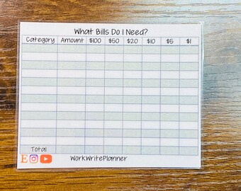 Reusable CASH BREAKDOWN Sheet for use with Cash Envelope System, Laminated Cash Breakdown Slip, Laminated Cash Breakdown Worksheet