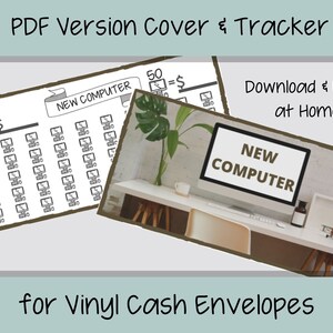 May include: A digital download for vinyl cash envelopes. The image shows a cover and tracker with the text "NEW COMPUTER" and a goal chart. The phrase "Download & Print at Home" is also visible. The design is in black and white.