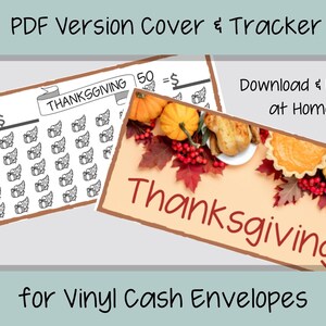 May include: Printable Thanksgiving budget tracker with a goal of $50. The tracker features a design of turkeys and fall leaves. Download and print at home for use with cash envelopes.