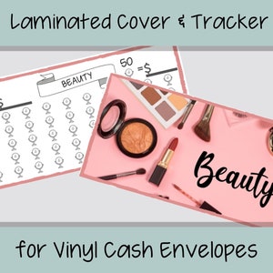 Puede incluir: Una cubierta y un rastreador laminados imprimibles para sobres de efectivo de vinilo. La cubierta presenta la palabra "Belleza" y un fondo rosa con productos de maquillaje. El rastreador tiene una sección de objetivo y una cuadrícula de 50 círculos.