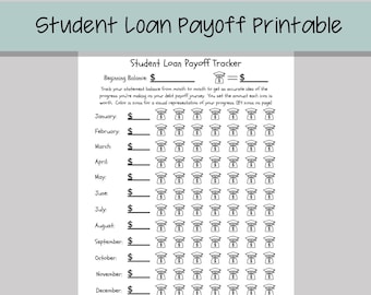 May include: Black and white printable student loan payoff tracker with a graduation cap icon. Track your loan balance each month and color in the icons to represent your progress.  The tracker includes a space to write the beginning balance and the monthly balance.