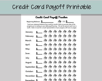 Könnte beinhalten: Ein druckbarer Kreditkarten-Rückzahlungs-Tracker mit dem Titel "Credit Card Payoff Printable". Das Dokument enthält Abschnitte für den Anfangssaldo, die monatliche Verfolgung und eine visuelle Fortschrittsdarstellung mit Symbolen. Der Text enthält die Monate des Jahres.
