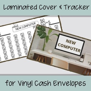 May include: A laminated cover and tracker for vinyl cash envelopes. The cover features a goal tracker with a computer icon and the text "NEW COMPUTER" and "GOAL = $". The tracker has 50 spaces for tracking progress towards a goal.