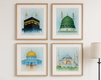 Islamic Landmark Art Prints: Watercolor Kaaba, Masjid (Digital Download)