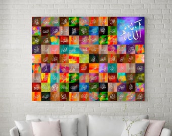 99 names of Allah, Asma ul Husna, Islamic art on multi color abstract artwork ,Arabic Art on wall | Digital Download