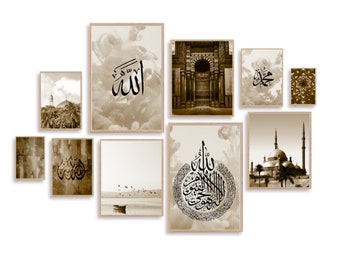 10 pieces gallery, Modern Islamic Brown pastels, calligraphy and abstract photo wall art collage | Digital Download