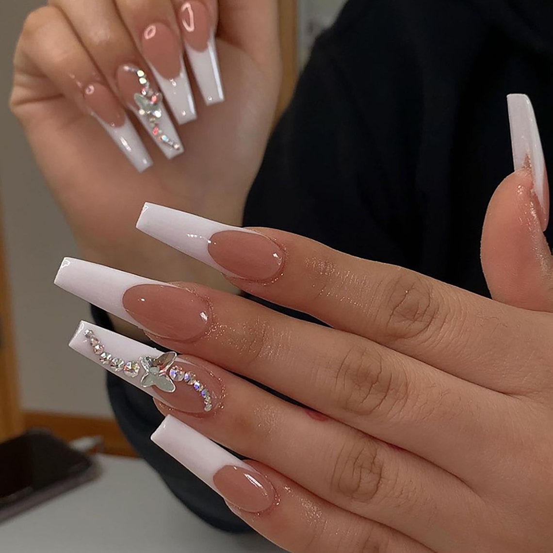 24pcs White Press On Nails With Butterfly Long False Nails Etsy