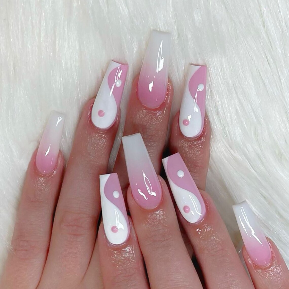 24pcs Tai Ji Pattern false nailsWhite Pink Long Press on Etsy