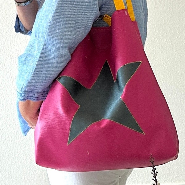 Große Shopper Tasche Damen pink | XXL Tasche | Oversize Tasche Damen | Shopper Neon Pink | Maxi Bag | Tasche mit Stern | Sommertasche pink