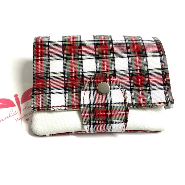 Hand-sewn wallet tartan red white blue | Purse in fabric and leather with tartan pattern | Minimalist wallet