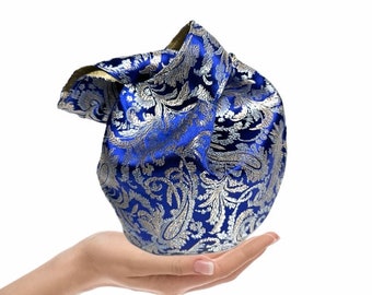 Kleine Beuteltasche | Handgelenktasche Damen | Japanische Knotentasche | Abendtasche Clutch | Kleine Handtasche elegant | Dirndltasche blau