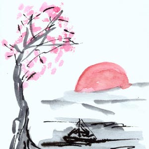 Kaart "Landschap met boom Sumi-e", AU1 dubbele kaart op aquarelpapier met envelop en inlegvel voor de tekst