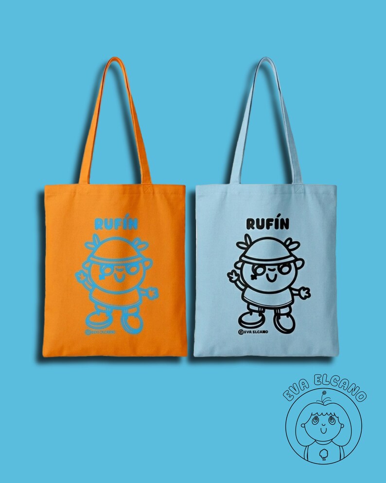 Może przedstawiać: Dwie torby, jedna pomarańczowa i jedna jasnoniebieska, z długimi uchwytami. Każda torba ma wz&oacute;r postaci z kresk&oacute;wki z napisem "RUFIN" nad nim. Pomarańczowa torba ma niebieski wz&oacute;r, a niebieska torba ma czarny wz&oacute;r.