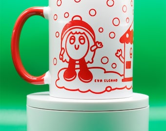 Christmas Mug, Gift, Limited Edition, Red Ceramic Coffee Mug, Handmade, Cup with Original Illustration