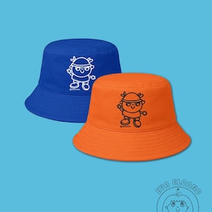 Cute Bucket Hat, Blue Hat, Orange Hat, Kawaii Illustrated Cotton Hat, Cozy Aesthetic Streetwear Accessory image 1