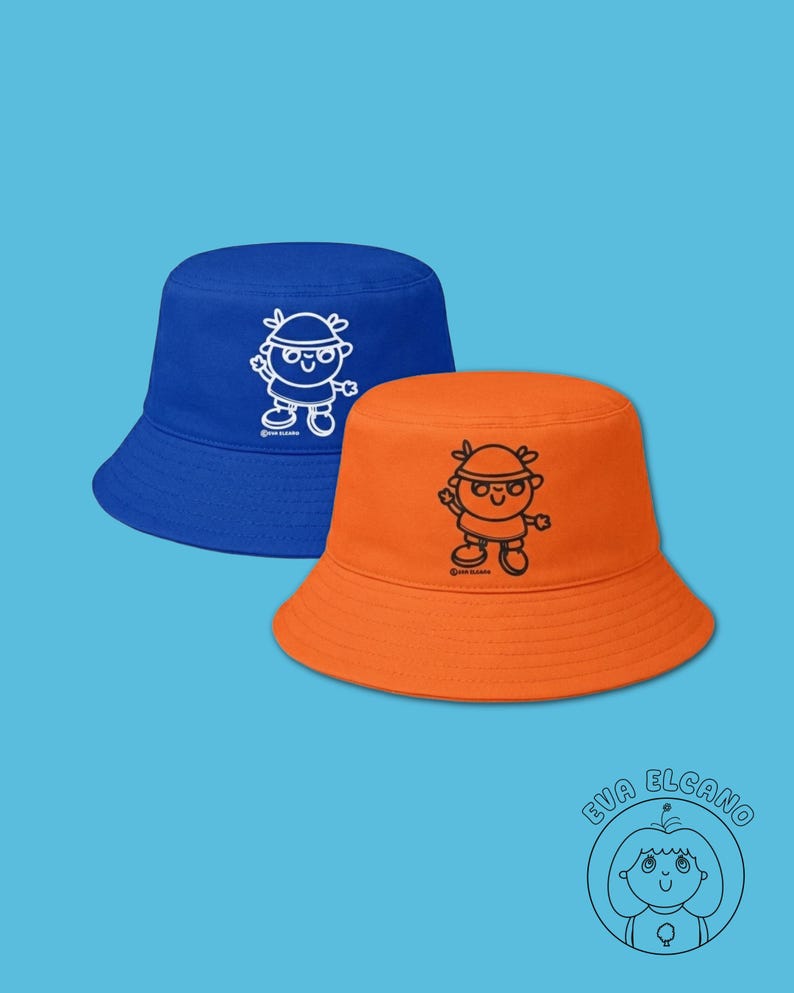Cute Bucket Hat, Blue Hat, Orange Hat, Kawaii Illustrated Cotton Hat, Cozy Aesthetic Streetwear Accessory image 1