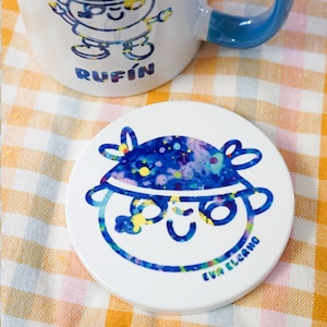 Rufín Ceramic Coaster, Cute Illustrated Drink Coaster, Kawaii Cartoon Coaster, Handmade Ceramic Mug Coaster, Desk Decor image 3