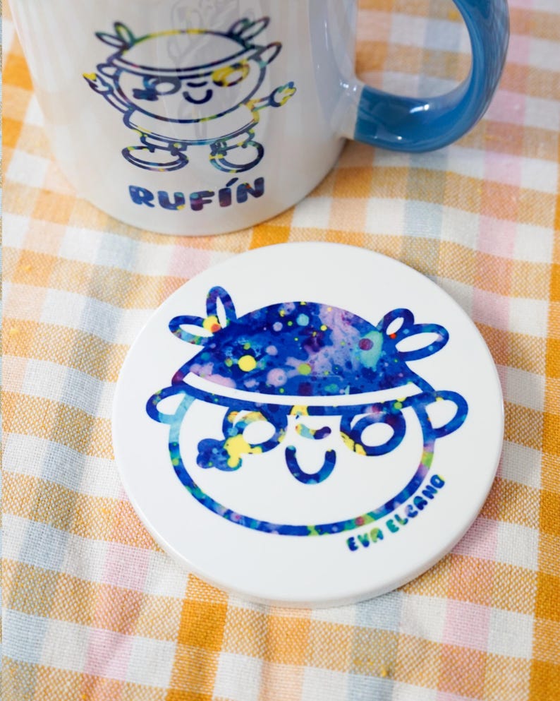 Rufín Ceramic Coaster, Cute Illustrated Drink Coaster, Kawaii Cartoon Coaster, Handmade Ceramic Mug Coaster, Desk Decor image 3