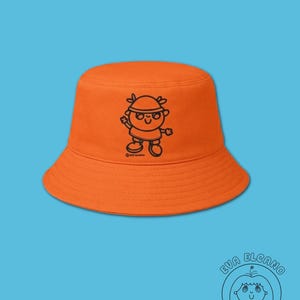 Cute Bucket Hat, Blue Hat, Orange Hat, Kawaii Illustrated Cotton Hat, Cozy Aesthetic Streetwear Accessory Orange