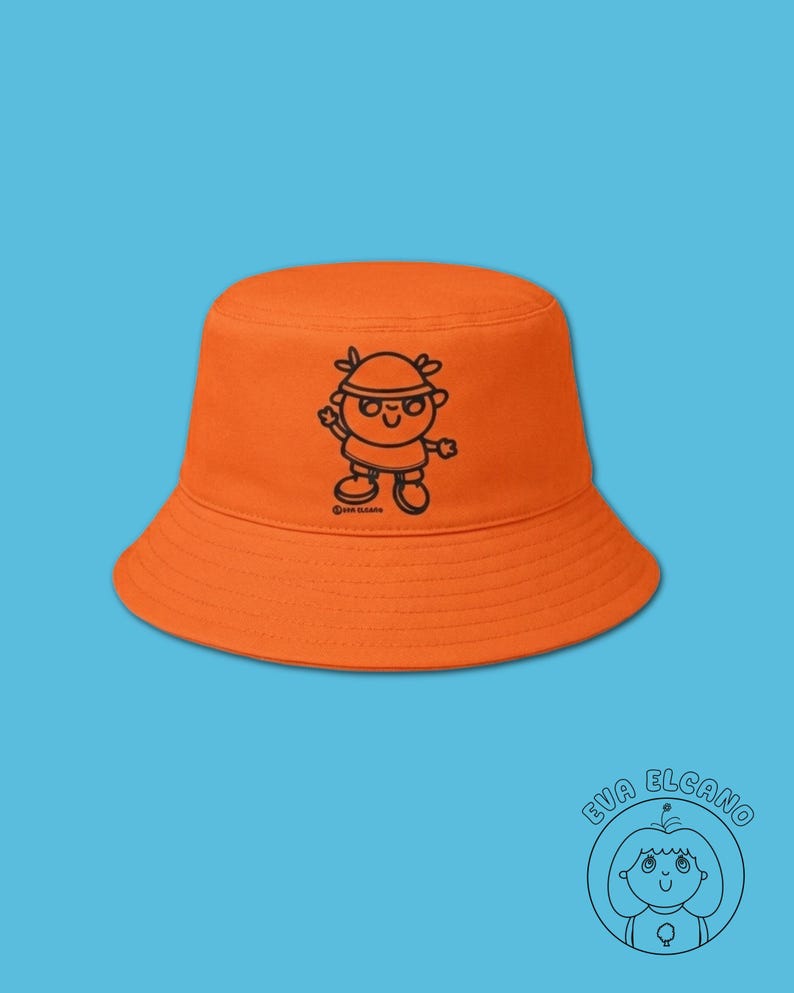 Cute Bucket Hat, Blue Hat, Orange Hat, Kawaii Illustrated Cotton Hat, Cozy Aesthetic Streetwear Accessory Orange