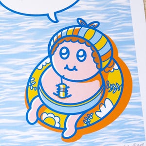 May include: A colorful illustration of a cartoon character floating in a yellow and orange inner tube. The character wears a striped hat and has a speech bubble that says, "I'm just trying to survive."