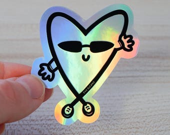 Naklejka holograficzna w kształcie serca z okularami przeciwsłonecznymi, słodka i fajna naklejka winylowa w kształcie serca