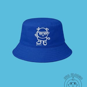 Cute Bucket Hat, Blue Hat, Orange Hat, Kawaii Illustrated Cotton Hat, Cozy Aesthetic Streetwear Accessory Blue