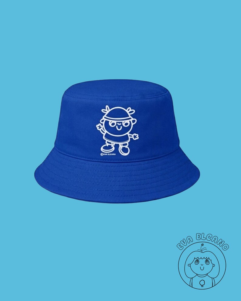 Cute Bucket Hat, Blue Hat, Orange Hat, Kawaii Illustrated Cotton Hat, Cozy Aesthetic Streetwear Accessory Blue