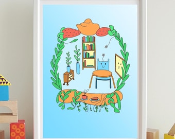 Coffee Shop and Bookstore Wall Art, Cute and Cozy Print, Happy Illustration, Cafe Poster, Plants