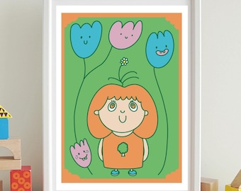 Cute Character Art Print, Children Illustration, Wall Art, Flowers, Cozy, Orange and Green