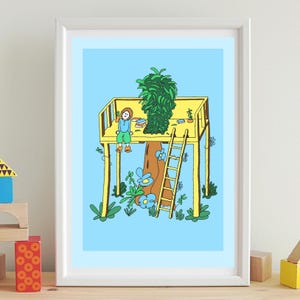 Treehouse Wall Art Print for Kids, Cute Nursery Illustration, Whimsical Children Room Decor, Baby & Playroom Poster