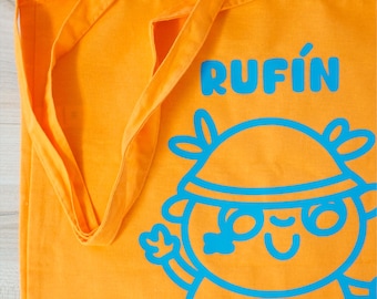 Rufín Illustrated Tote Bag, Cute Canvas Tote Bag, Kawaii Cartoon Bag, Reusable Shopping Bag, Blue or Orange Tote