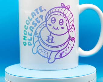 Limited Edition Cute Illustrated Mug, “Chocolate, Please?”, Kawaii, Rainbow Infusible Ink, Handmade Cricut Ceramic Mug