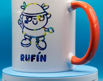 Cute Rufín Character Mug, Handmade Illustrated Coffee Cup, Orange or Blue Handle Mug, Kawaii Cartoon Mug, Gift for Illustration Lovers