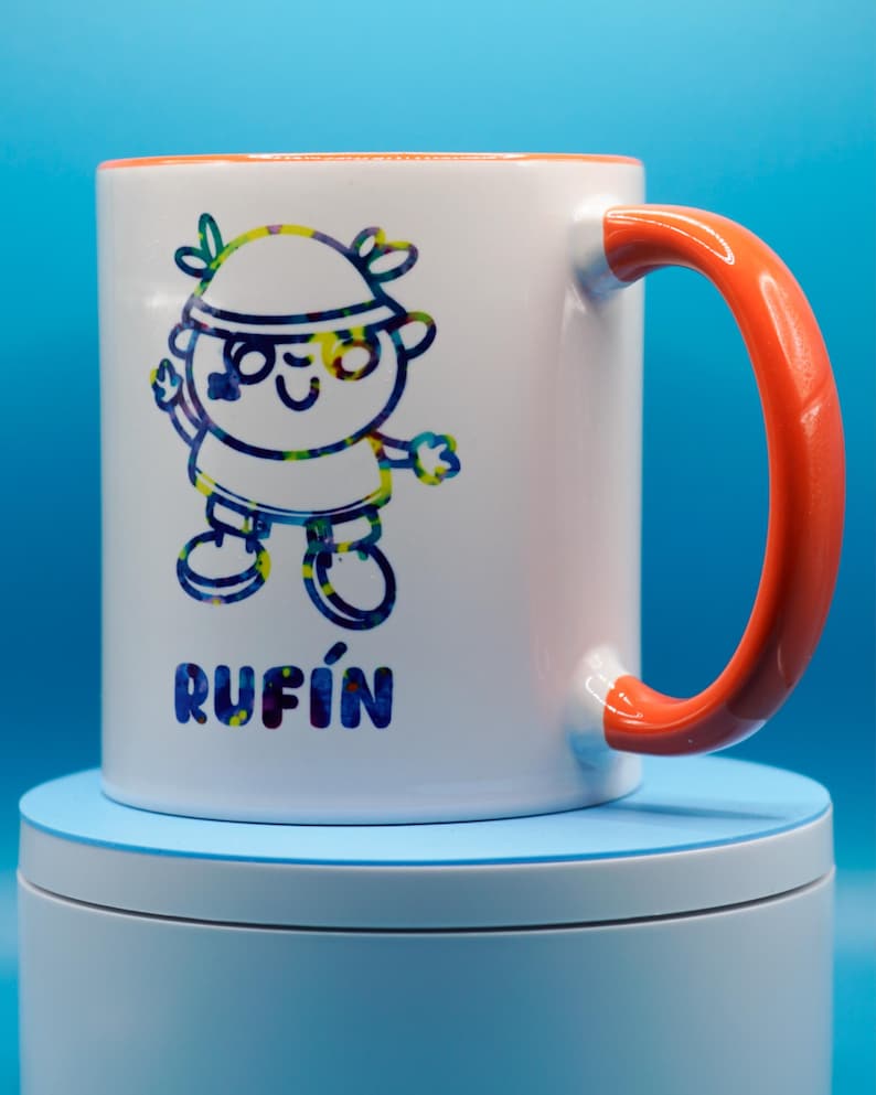 Ceramic Mug, Kawaii Coffee Cup, Handmade Aesthetic Mug in Blue & Orange Orange