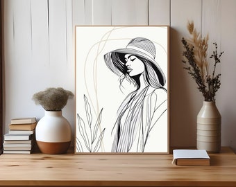 Abstract woman Line Art Minimalist Wall Art, silhouette wall art Boho Woman Line Drawing, Neutral boho, female body line art woman face boho