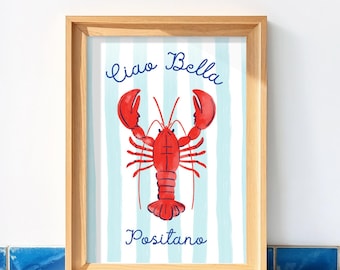 Ciao Bella Poster, Summer Wall Art, La Dolce Vita Italian Summer Print, 2025 Trendy Beach Aesthetic, Italy Coastal Decor, Positano lobster
