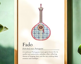 Arte mural de guitarra de fado portugués, lámina Saudade portuguesa, arte de azulejos de Lisboa, póster de viaje de verano, regalo para amantes de la música, descarga digital imprimible